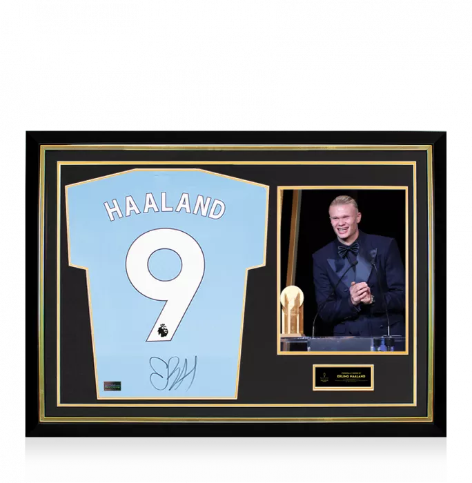 Erling Haaland Official Ballon d'Or™ Back Signed and Hero Framed Manchester City 2023-24 Home Shirt Signed Under Number: 2023 Gerd Müller Trophy Winner