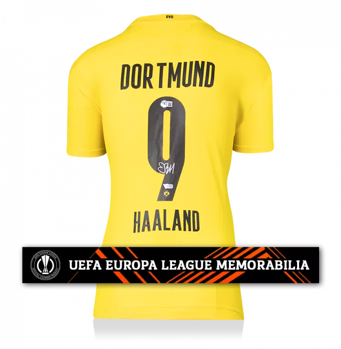 Erling Haaland Official UEFA Europa League Back Signed Borussia Dortmund 2020-21 Home Shirt