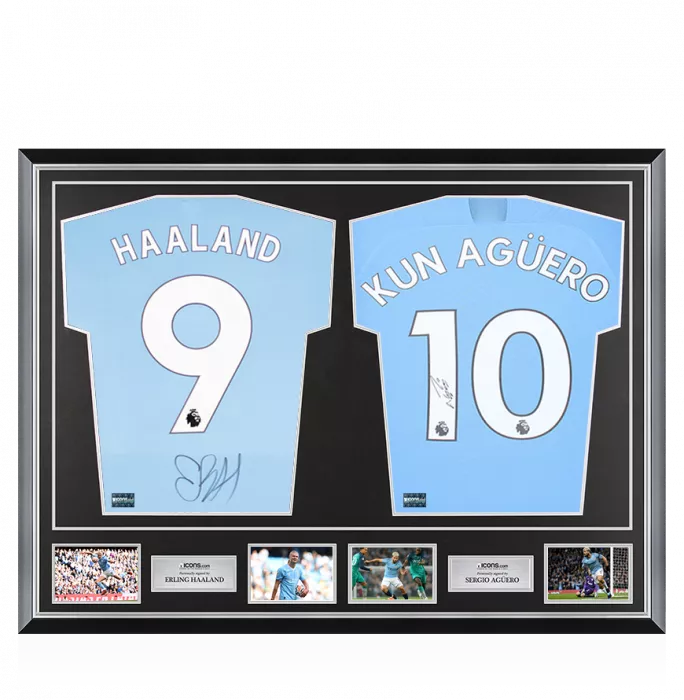 Erling Haaland & Sergio Aguero Signed Manchester City Home Shirts In Classic Dual Frame