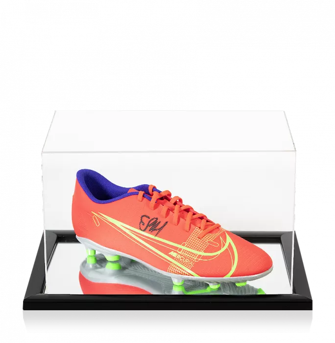 Erling Haaland Signed Orange Nike Mercurial Boot In Acrylic Case