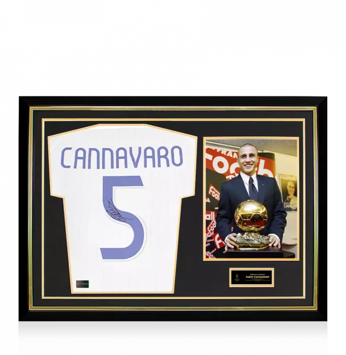 Fabio Cannavaro Official Ballon d'Or™ Back Signed and Hero Framed Real Madrid Teamgeist Shirt
