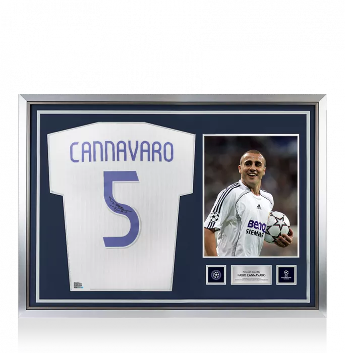 Fabio Cannavaro Official UEFA Champions League Back Signed and Hero Framed Real Madrid Modern Home Shirt