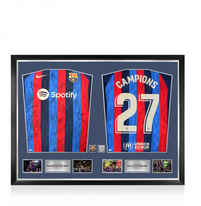 FC Barcelona Squad Signed & Unsigned 'Campions 27' Shirts In Official FC Barcelona Dual Frame