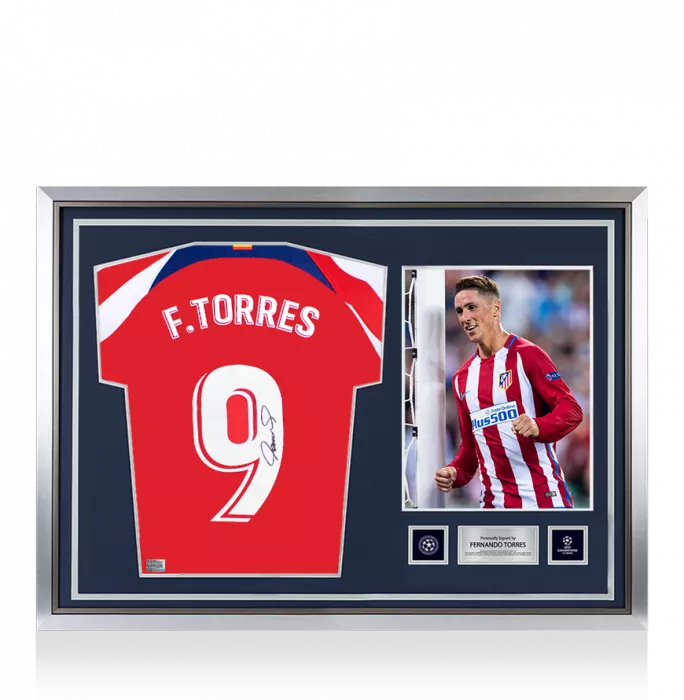 Fernando Torres Official UEFA Champions League Back Signed and Hero Framed Modern Atletico Madrid Home Shirt