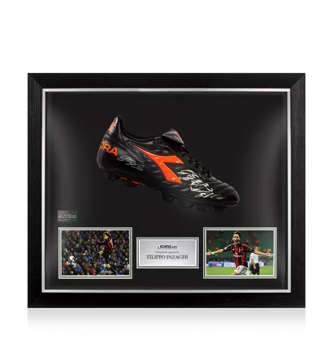 Filippo Inzaghi Signed Black and Orange Inzaghi Diadora Boot In Bubble Frame: Option 1