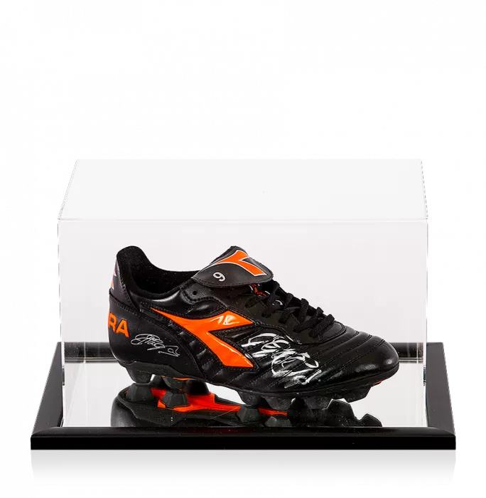Filippo Inzaghi Signed Black and Orange Inzaghi Diadora Boot In Acrylic Case