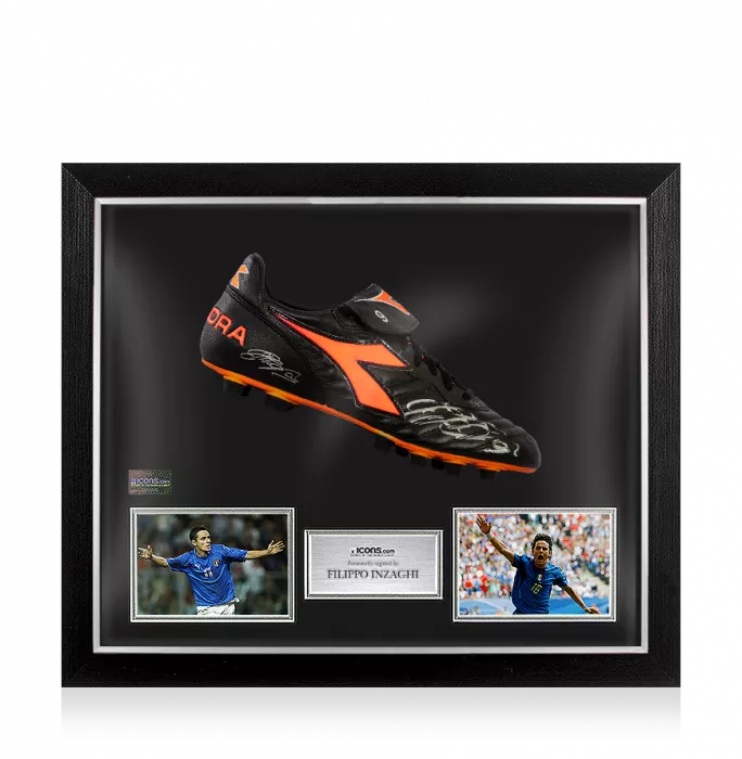 Filippo Inzaghi Signed Black and Orange Inzaghi Diadora Boot: Special Edition In Bubble Frame: Option 1