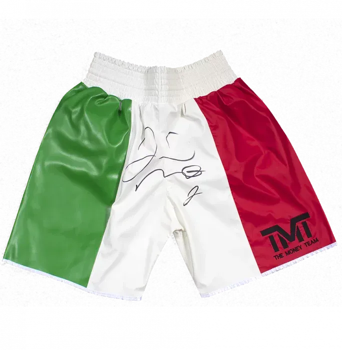 Floyd Mayweather Signed Green White And Red TMT Boxing Shorts