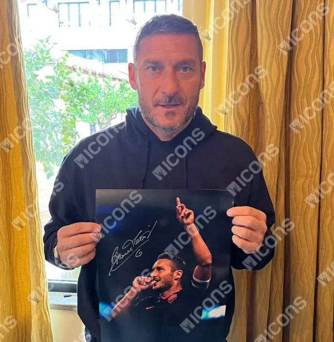 Francesco Totti Signed AS Roma Photo In Black Wooden Frame: UEFA Champions League Goal