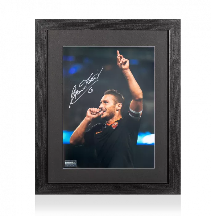 Francesco Totti Signed AS Roma Photo In Black Wooden Frame: UEFA Champions League Goal