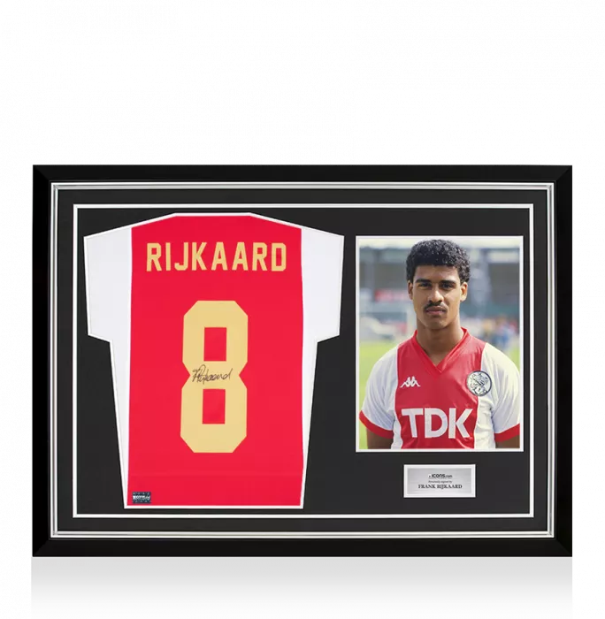 Frank Rijkaard Back Signed Modern Ajax Home Shirt with Fan Style Numbers In Hero Frame: Option 1