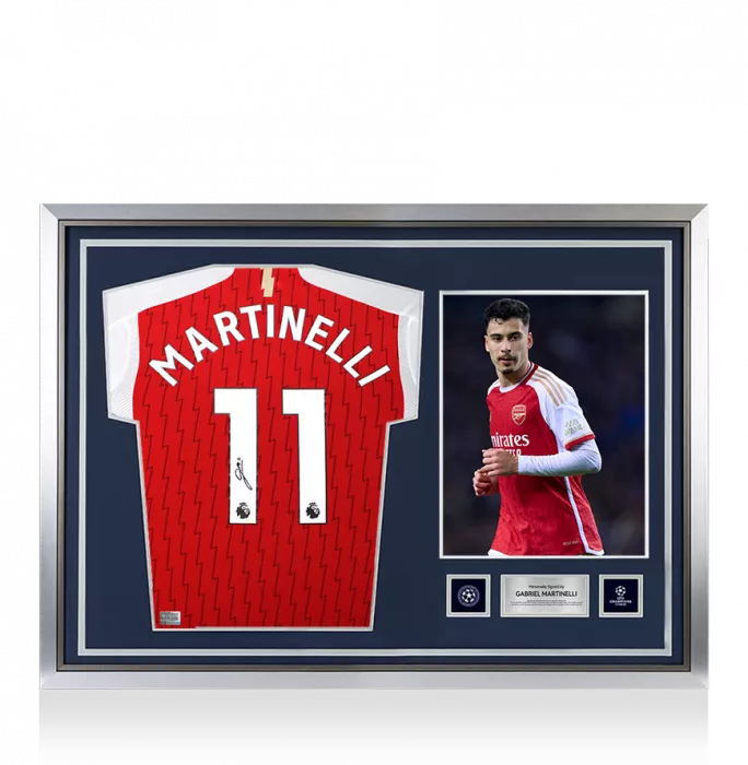 Gabriel Martinelli Official UEFA Champions League Back Signed and Hero Framed Arsenal 2024-25 Home Shirt