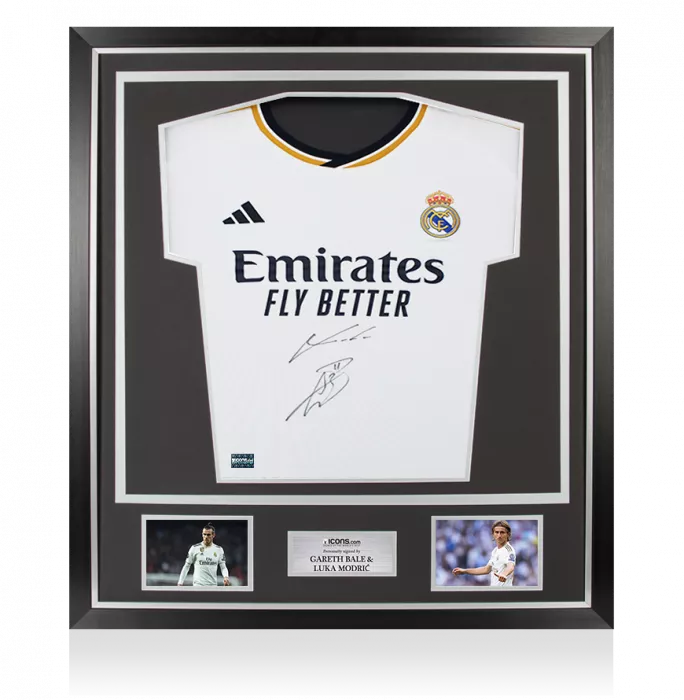 Gareth Bale and Luka Modric Dual Signed Real Madrid 2023-24 Home Shirt In Classic Frame