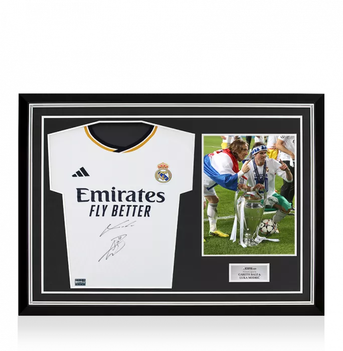 Gareth Bale and Luka Modric Dual Signed Real Madrid 2023-24 Home Shirt In Hero Frame: Option 1