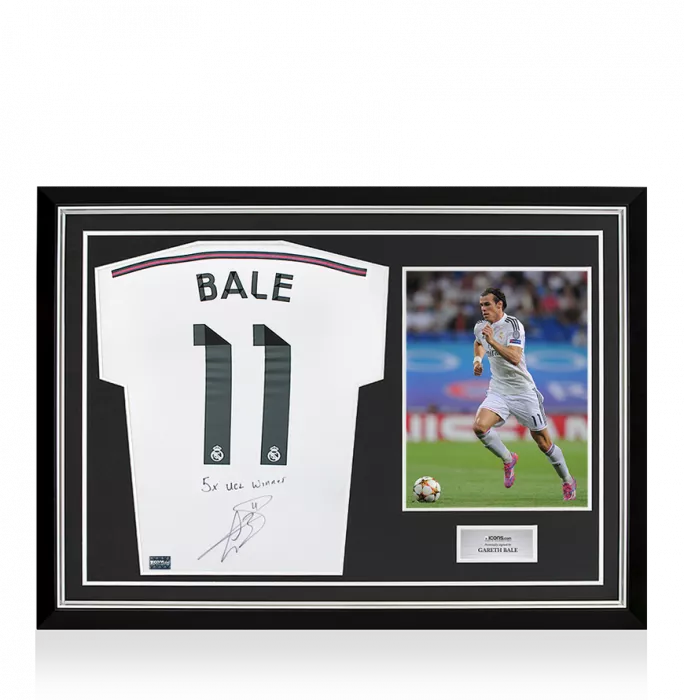 Gareth Bale Back Signed Real Madrid 2014-15 Home Shirt - "5x UCL Winner" Inscription In Hero Frame: Option 1