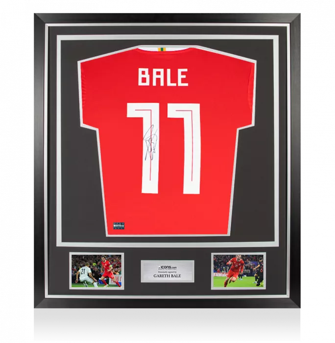 Gareth Bale Back Signed Wales 2018-19 Home Shirt with Fan Style Numbers In Classic Frame