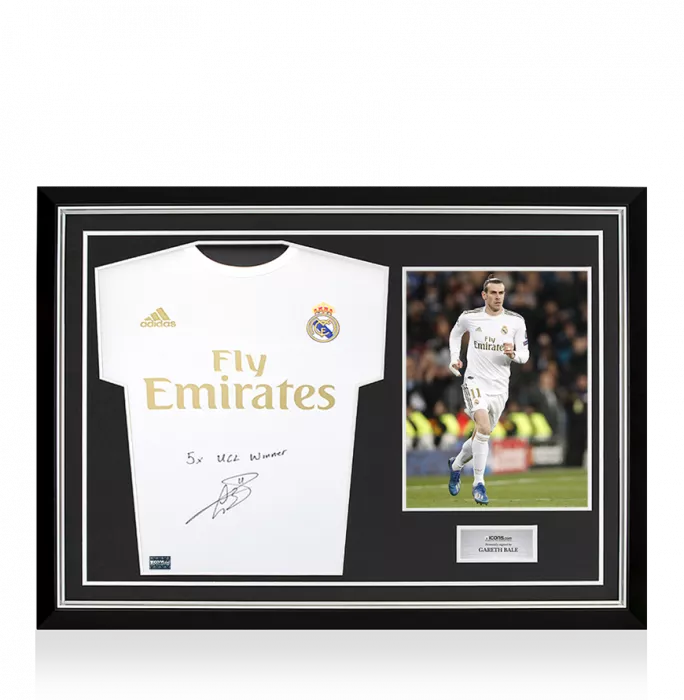Gareth Bale Front Signed Real Madrid 2019-20 Home Shirt - "5x UCL Winner" Inscription In Hero Frame: Option 1