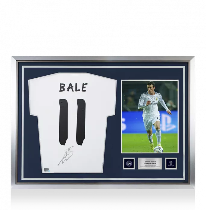 Gareth Bale Official UEFA Champions League Back Signed and Hero Framed Real Madrid Modern Home Shirt with Fan Style Numbers