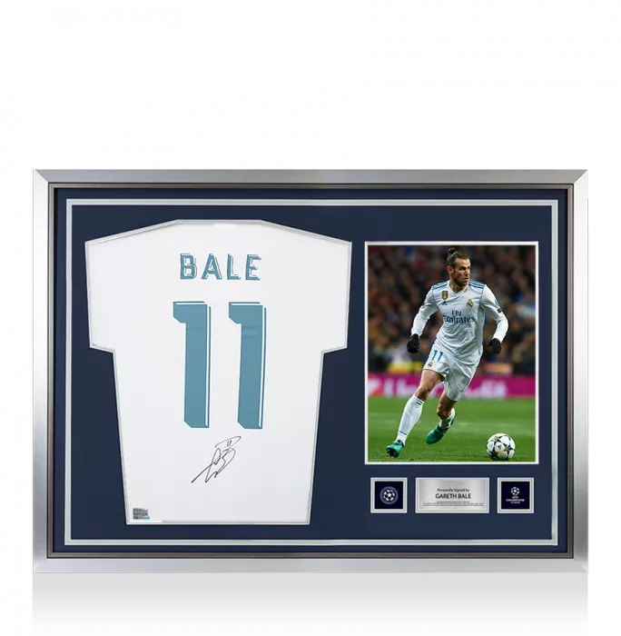 Gareth Bale Official UEFA Champions League Back Signed and Hero Framed Real Madrid Modern Home Shirt with Fan Style Numbers
