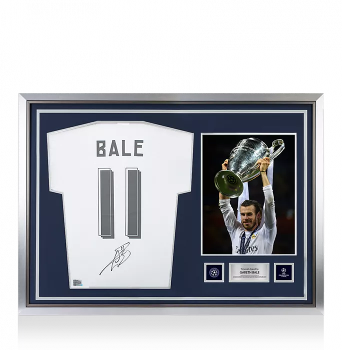 Gareth Bale Official UEFA Champions League Back Signed and Hero Framed Real Madrid Modern Home Shirt with Fan Style Numbers