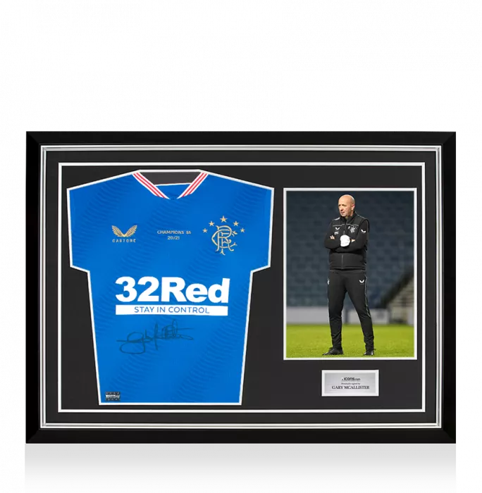 Gary McAllister Front Signed Rangers Home Shirt In Hero Frame: Option 1