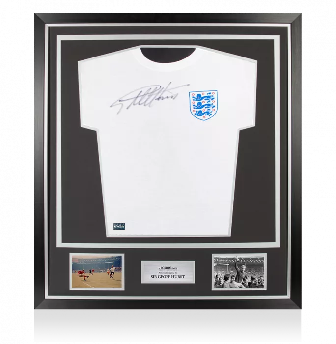Geoff Hurst Front Signed England Home T-Shirt In Classic Frame