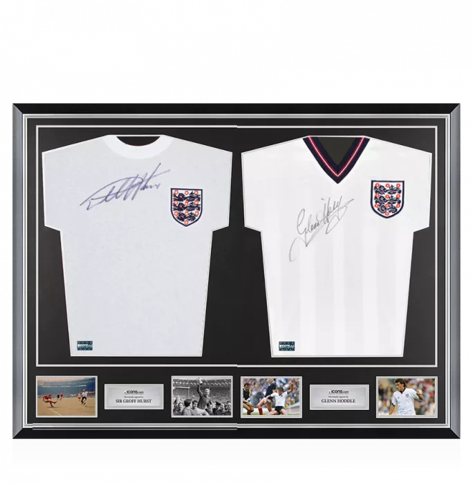 Geoff Hurst & Glenn Hoddle Signed England Shirts In Classic Dual Frame