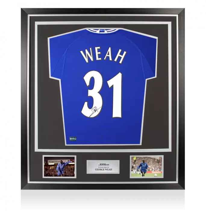George Weah Back Signed Chelsea 2000-01 Home Shirt with Fan Style Numbers In Classic Frame