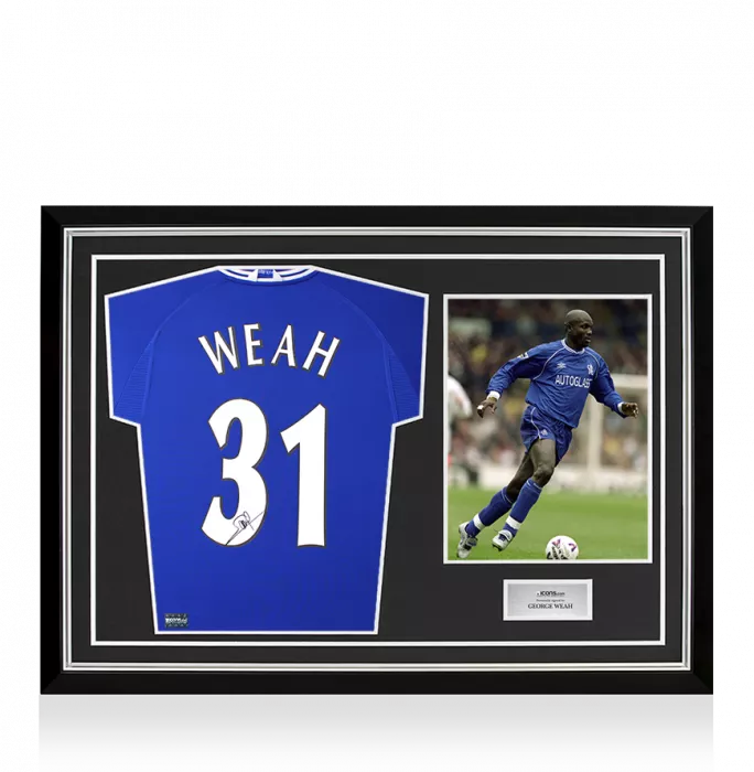 George Weah Back Signed Chelsea 2000-01 Home Shirt with Fan Style Numbers In Hero Frame: Option 1