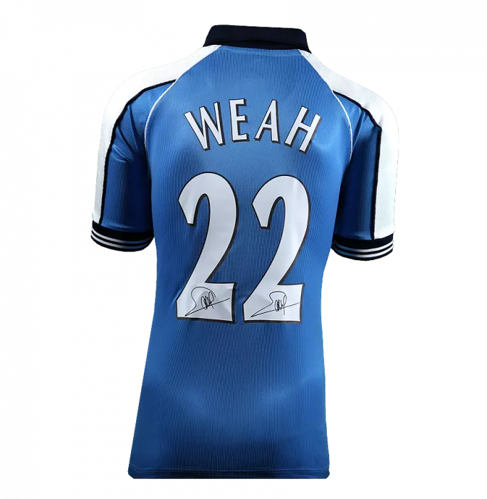 George Weah Back Signed Manchester City 2000 Home Shirt With Fan Style Numbers In Hero Frame: Option 1