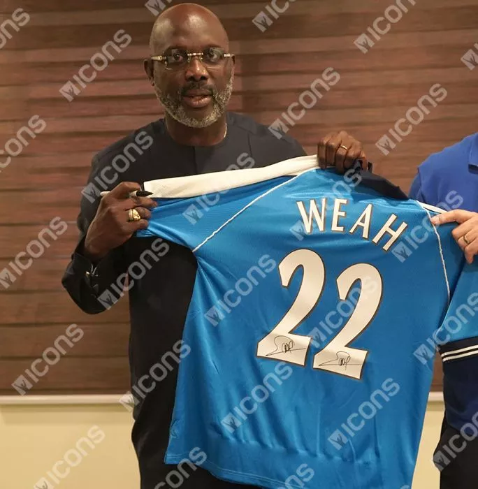 George Weah Back Signed Manchester City 2000 Home Shirt With Fan Style Numbers In Classic Frame