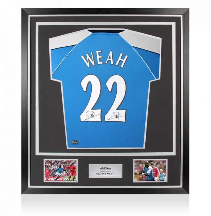 George Weah Back Signed Manchester City 2000 Home Shirt with Fan Style Numbers In Classic Frame