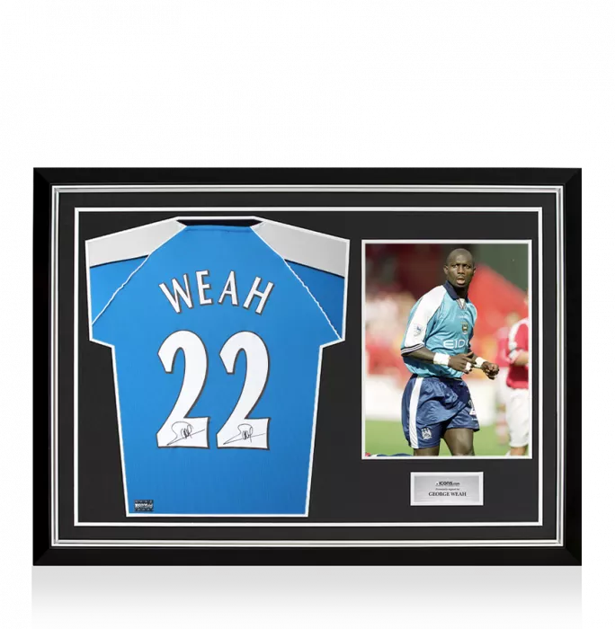 George Weah Back Signed Manchester City 2000 Home Shirt with Fan Style Numbers In Hero Frame: Option 1