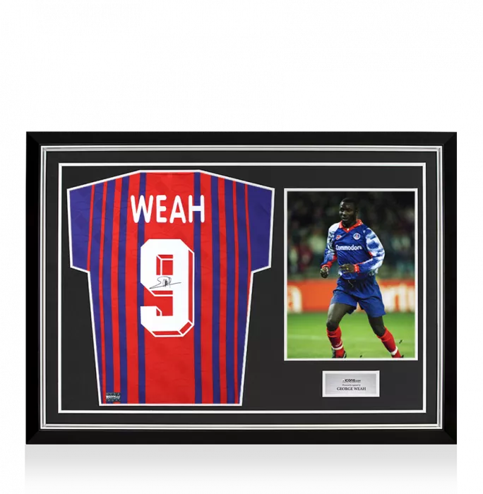 George Weah Back Signed Paris Saint-Germain 1993 Home Shirt In Hero Frame: Option 1