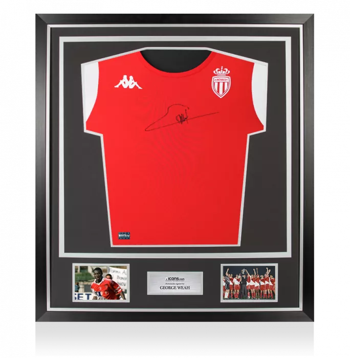 George Weah Front Signed AS Monaco Training Shirt In Classic Frame