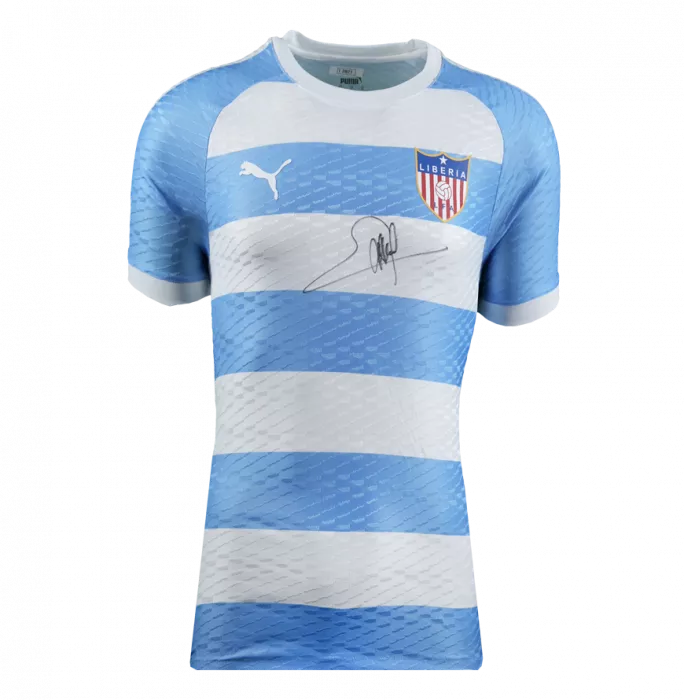 George Weah Front Signed Liberia 2020-22 Away Shirt In Hero Frame: Option 1