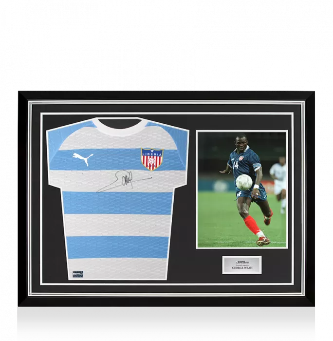 George Weah Front Signed Liberia 2020-22 Away Shirt In Hero Frame: Option 1