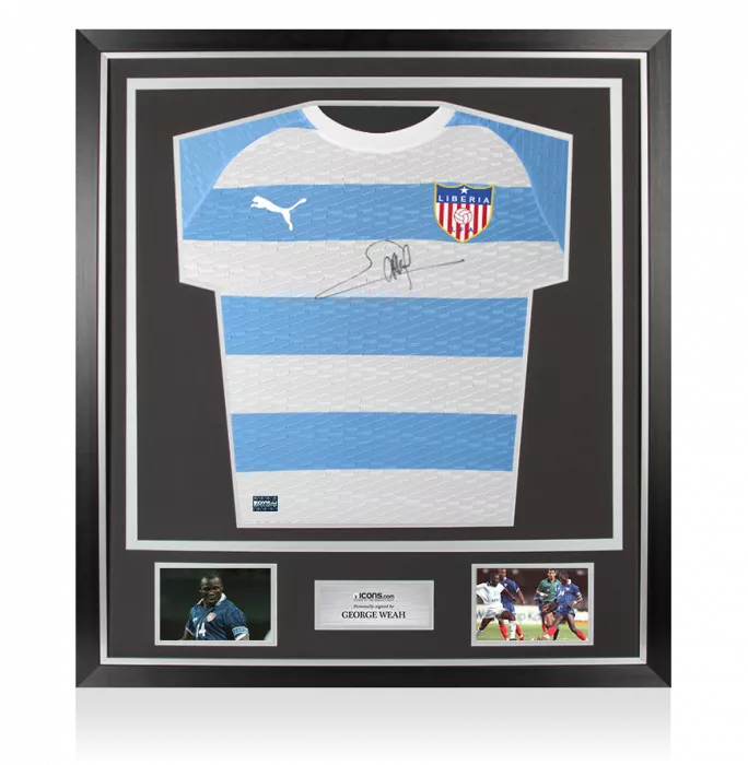George Weah Front Signed Liberia 2020-22 Away Shirt In Classic Frame