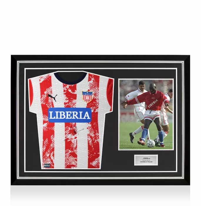 George Weah Front Signed Liberia Home Shirt In Hero Frame: Option 1