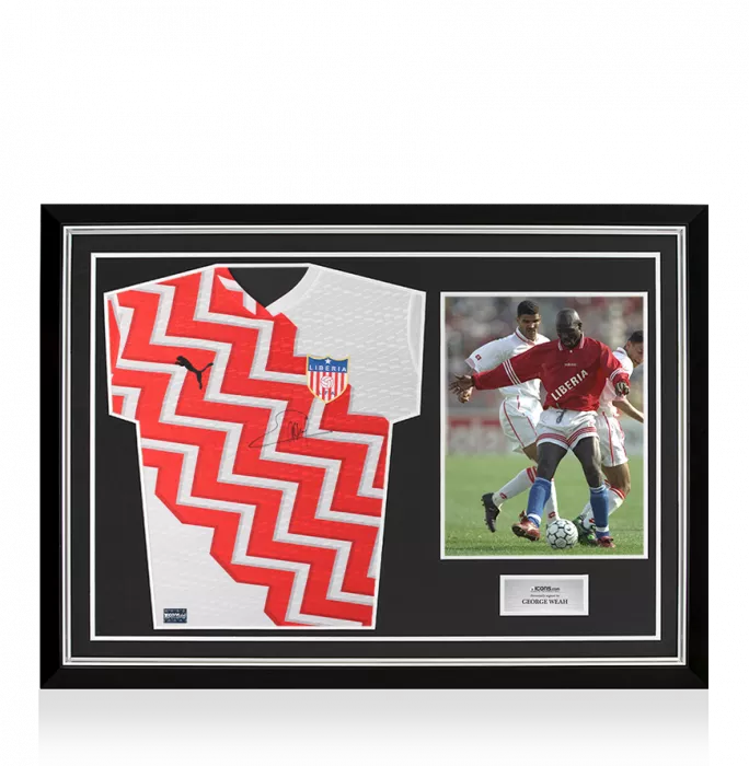 George Weah Front Signed Liberia Home Shirt In Hero Frame: Option 1