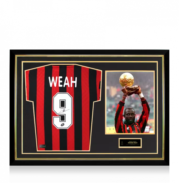 George Weah Official Ballon d'Or™ Back Signed and Hero Framed AC Milan 1996 Home Shirt