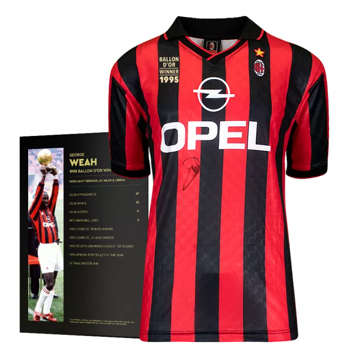 George Weah Official Ballon D'Or™ Front Signed AC Milan 1996 Home Shirt: 1995 Winner's Pack