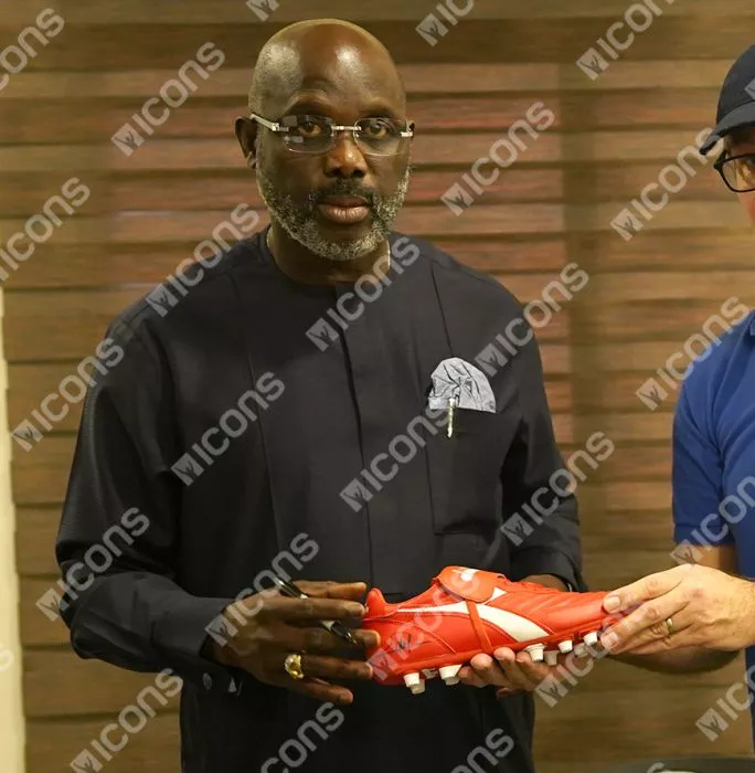 George Weah Official UEFA Champions League Signed Diadora Brasil Classico Football Boot In Acrylic Case