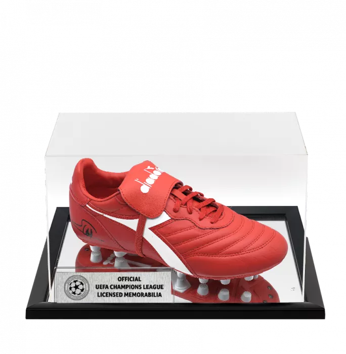 George Weah Official UEFA Champions League Signed Diadora Brasil Classico Football Boot In Acrylic Case
