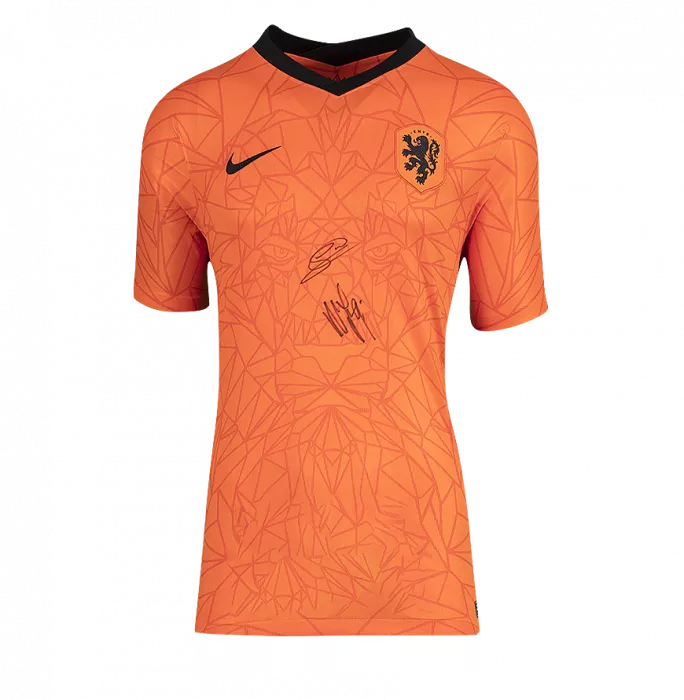 Georginio Wijnaldum & Memphis Depay Front Signed Netherlands 2020-21 Home Shirt