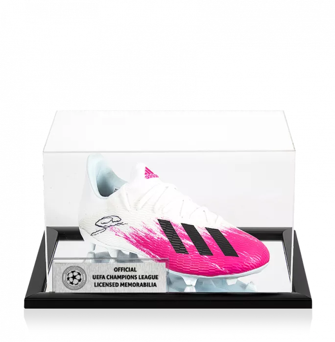 Georginio Wijnaldum Official UEFA Champions League Signed White and Pink Adidas X Boot In Acrylic Case