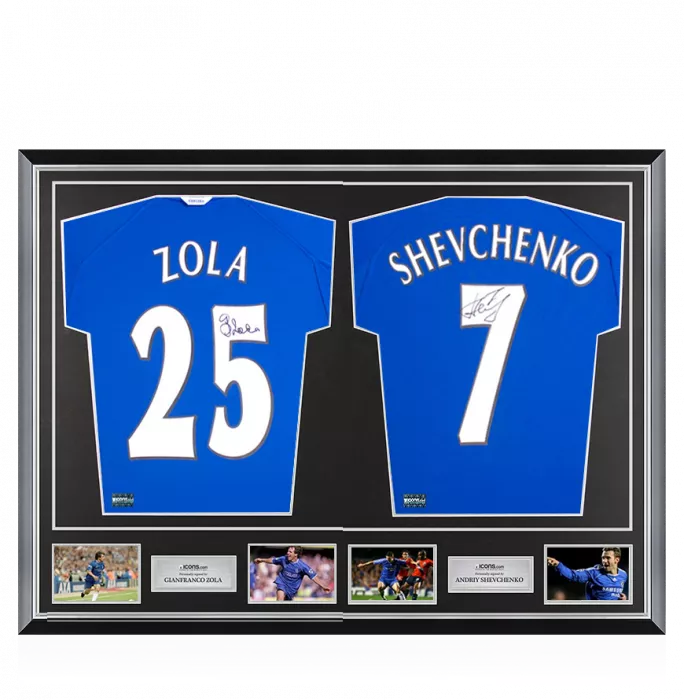 Gianfranco Zola & Andriy Shevchenko Signed Chelsea Shirts In Classic Dual Frame