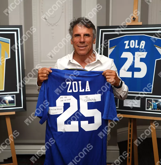 Gianfranco Zola Back Signed Chelsea 1997 FA Cup Shirt - FA Cup Winner Inscription In Hero Frame: Option 1