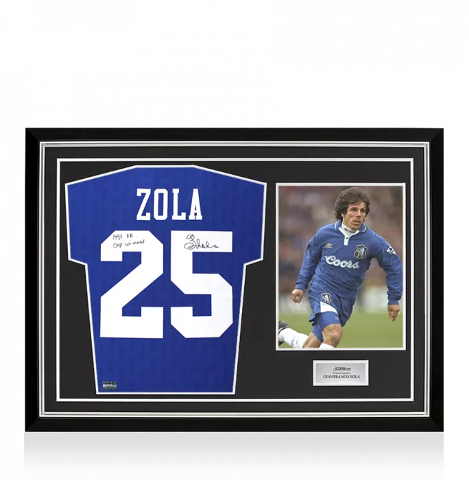 Gianfranco Zola Back Signed Chelsea 1997 FA Cup Shirt - FA Cup Winner Inscription In Hero Frame: Option 1