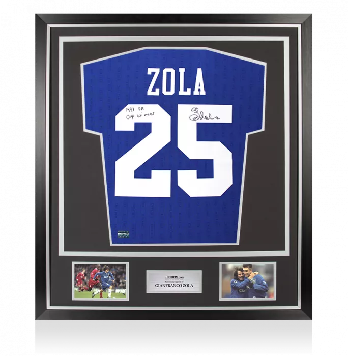 Gianfranco Zola Back Signed Chelsea 1997 FA Cup Shirt - FA Cup Winner Inscription In Classic Frame